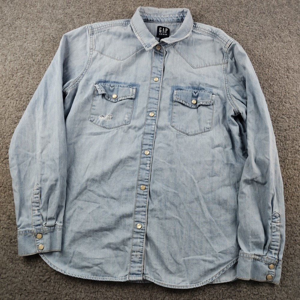 Gap Denim Pearl Snap Shirt Sz Large Western Light Wash Cowgirl Rodeo EUC